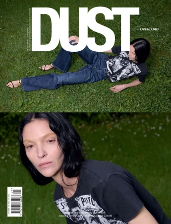 Split magazine cover featuring model Mariacarla Boscono reclining on grass above a close-up portrait wearing a graphic tee.