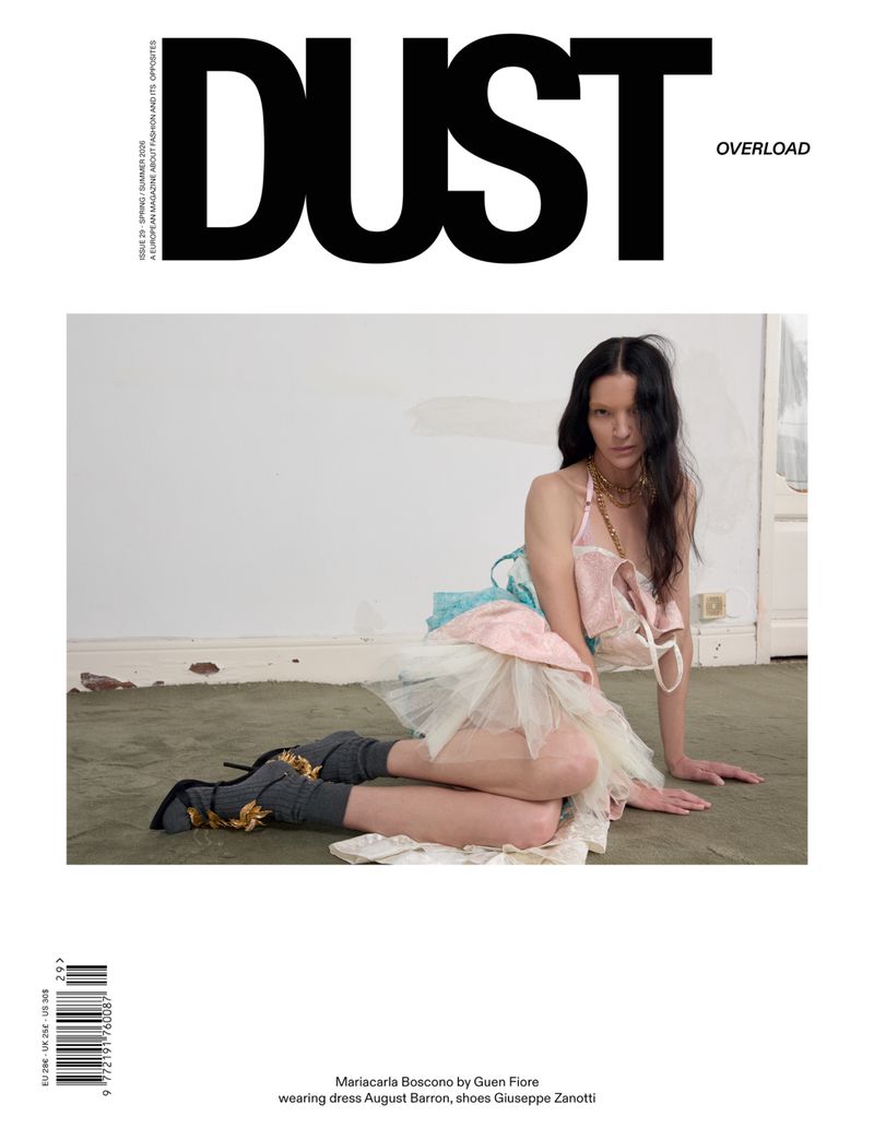 Mariacarla Boscono reclining on the floor in a pastel tulle dress on the cover of Dust Magazine Issue 29.