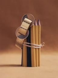 Gold sculptural bracelet draped over a bundle of yellow pencils tied with a rubber band against a warm brown background.