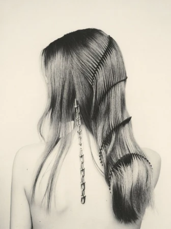 Back view of a model with long hair styled with interwoven black combs and a silver chain earring against a light backdrop.
