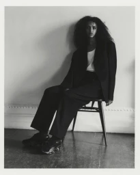 Model Tsion Teferi seated on a wooden chair wearing an oversized dark tailored suit and dark sneakers in a black and white portrait.