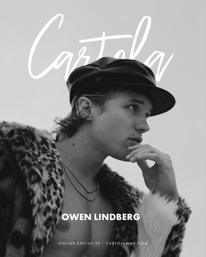 Black and white portrait of a young adult man in a cap and fur-collared coat, with a cursive title and name text overlay.