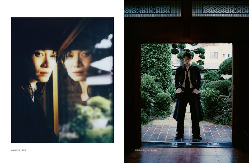 Editorial fashion spread featuring a woman reflected in a window beside a full-length shot of a model framed in a garden doorway.