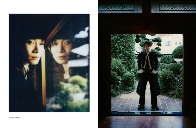 Editorial fashion spread featuring a woman reflected in a window beside a full-length shot of a model framed in a garden doorway.