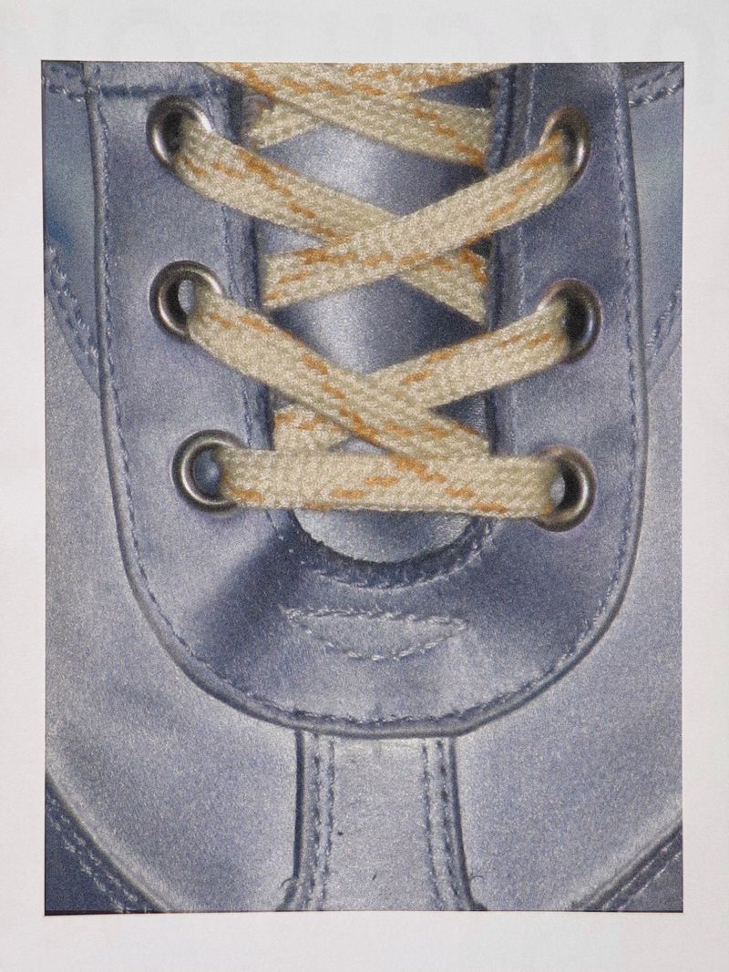 Close-up of a blue and silver boot with thick, woven tan and brown laces. Focus on the texture and detail of the boot and laces.