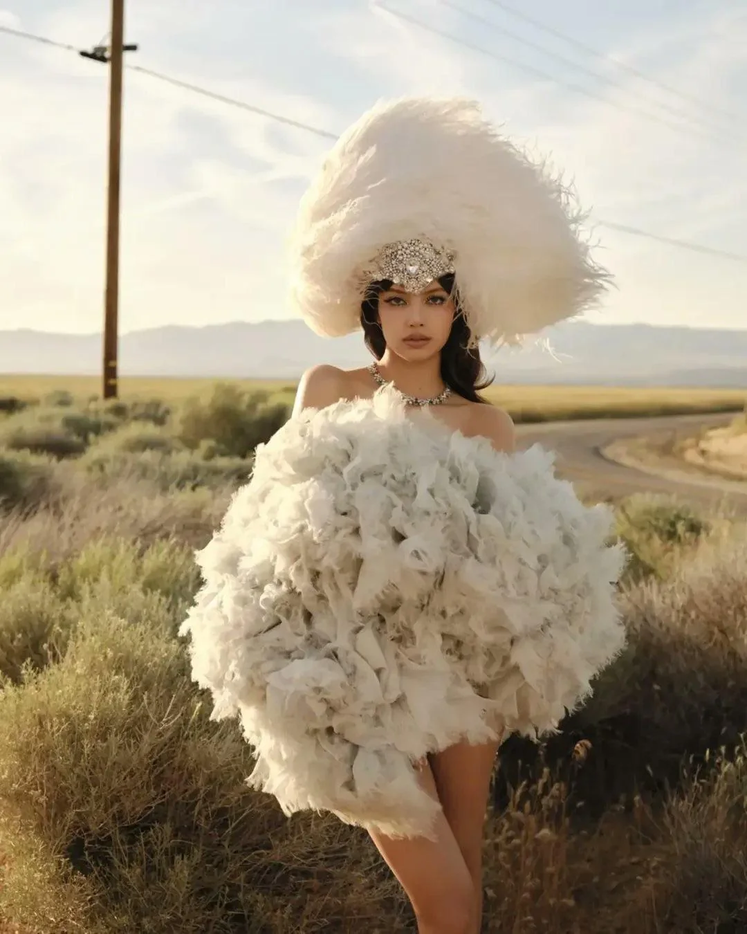 Lisa wearing an oversized white feathered headpiece and voluminous ruffled dress in a desert landscape for Vanity Fair.