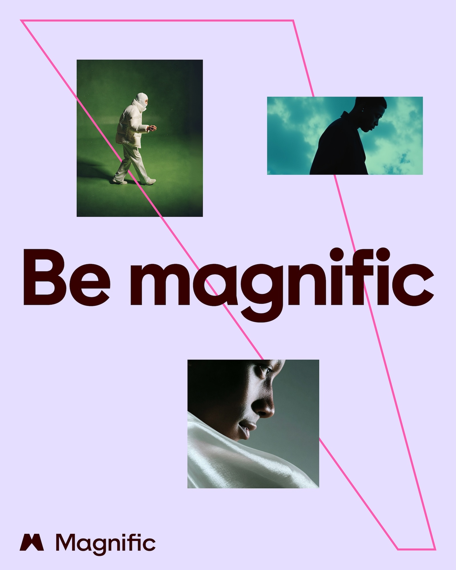 Graphic layout for Magnific with bold Be magnific text, pink geometric line art, and three photo insets on a pale lavender background.