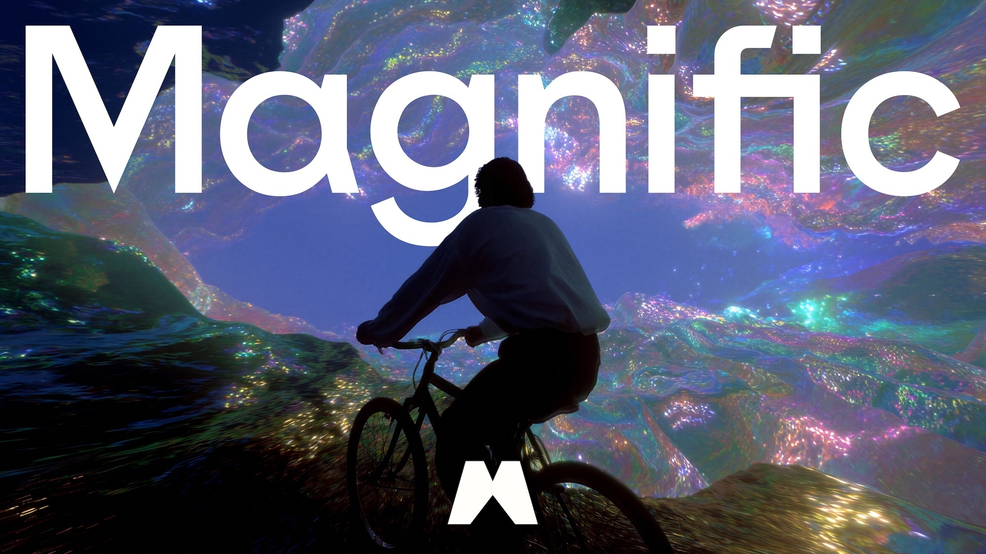 Silhouette of a person riding a bicycle across a luminous, surreal iridescent landscape beneath large white Magnific branding.