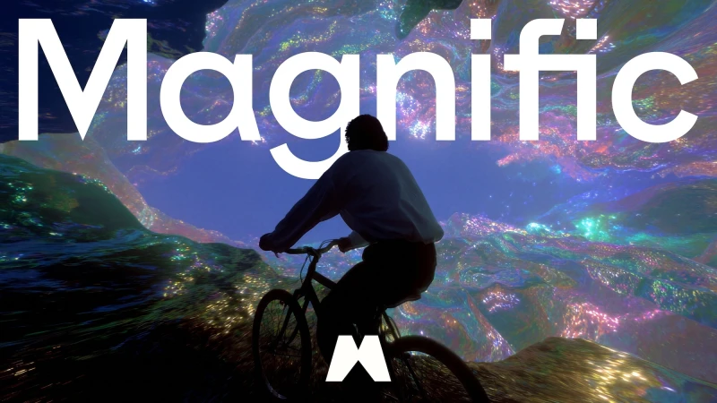 Silhouette of a person riding a bicycle across a luminous, surreal iridescent landscape beneath large white Magnific branding.