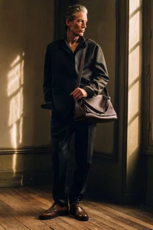 A mature male model wearing dark apparel and carrying a brown leather shoulder bag stands in a room lit by warm window light.