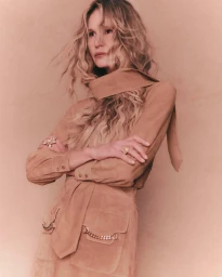 Model Elle Macpherson posing with crossed arms in a tan suede dress with a neck wrap detail against a warm beige studio background.