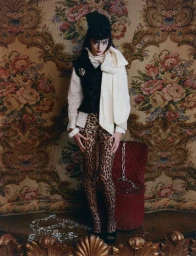 Model wearing leopard-print tights, a black vest, and a cream scarf standing before a floral tapestry with silver chains on the floor.