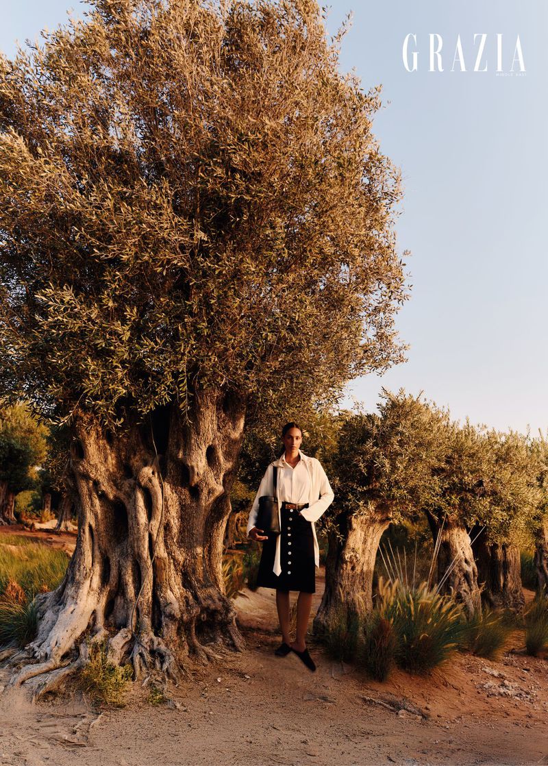 Outdoor fashion editorial featuring an adult woman in a white shirt and dark skirt, standing amongst olive trees under a bright sky.