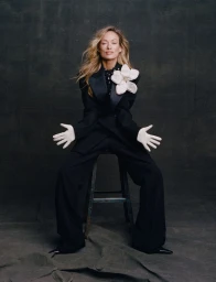 Olivia Wilde sits on a stool wearing an oversized black suit with white gloves and a large white lapel flower against a dark backdrop.