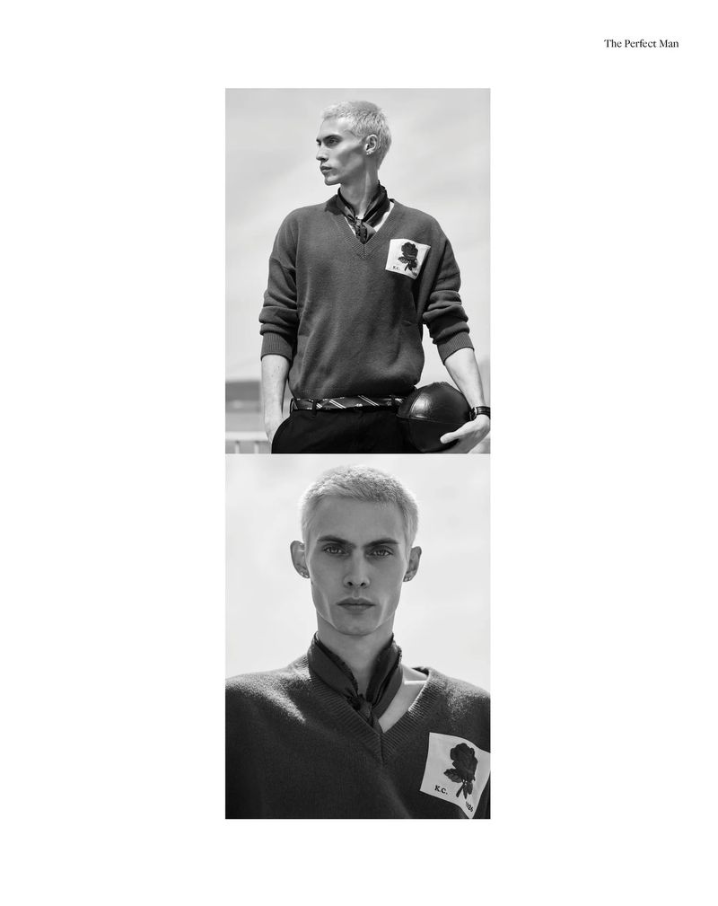 Black and white editorial diptych of a male model with short hair wearing a v-neck sweater with a rose patch and neck scarf.