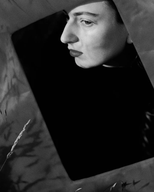 Monochrome portrait of a person in profile framed by what seems like a window or cutout, with nearby wild grass blades.