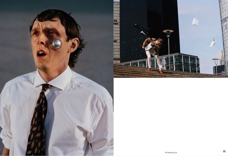 Editorial layout showing a man in a white dress shirt with a metallic sphere embedded in his cheek, alongside an outdoor action shot.