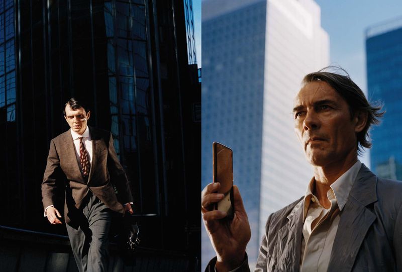 Diptych of two men in tailored business suits against glass office towers in an urban menswear editorial.