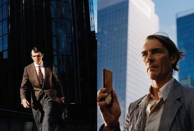Diptych of two men in tailored business suits against glass office towers in an urban menswear editorial.
