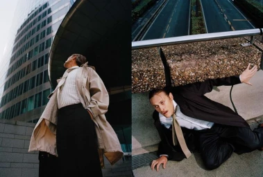 Diptych of male model Stanislav Pliasulia wearing an oversized beige trench coat and black tailoring in urban architecture settings.