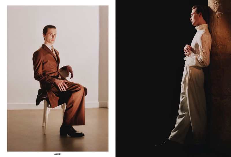 Diptych of a man in a tailored brown suit seated on a chair and standing in a cream lace shirt against a dark background.