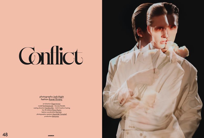 Magazine spread titled Conflict with editorial typography on the left and a double-exposure portrait of a man in a white suit on the right.