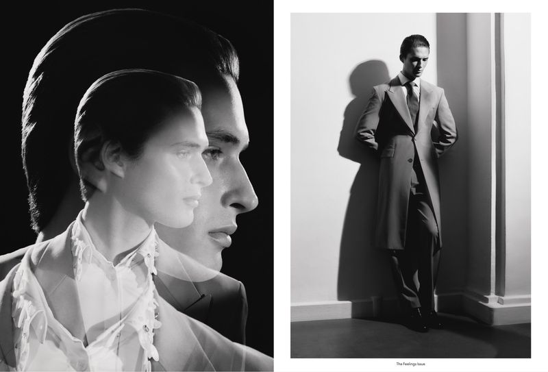 Black and white editorial diptych featuring layered male portraits and a man in a tailored long coat leaning against a wall.