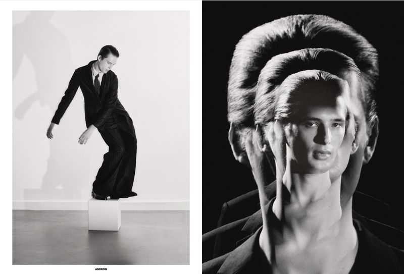 Black and white editorial diptych featuring a man in a dark suit standing on a white pedestal, paired with a multi-exposure portrait