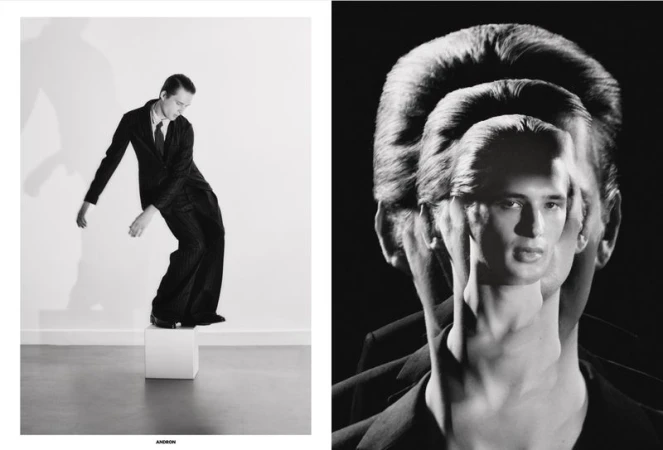 Black and white editorial diptych featuring a man in a dark suit standing on a white pedestal, paired with a multi-exposure portrait