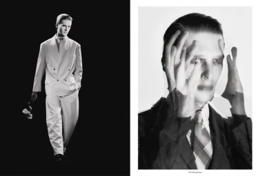 Black and white fashion editorial diptych featuring a male model in an oversized white suit alongside a close-up portrait.