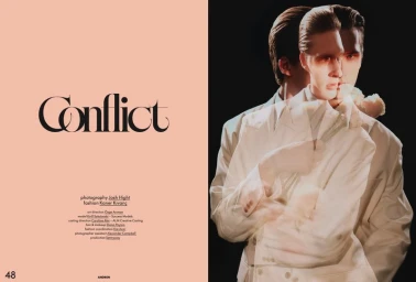 Magazine spread titled Conflict with editorial typography on the left and a double-exposure portrait of a man in a white suit on the right.