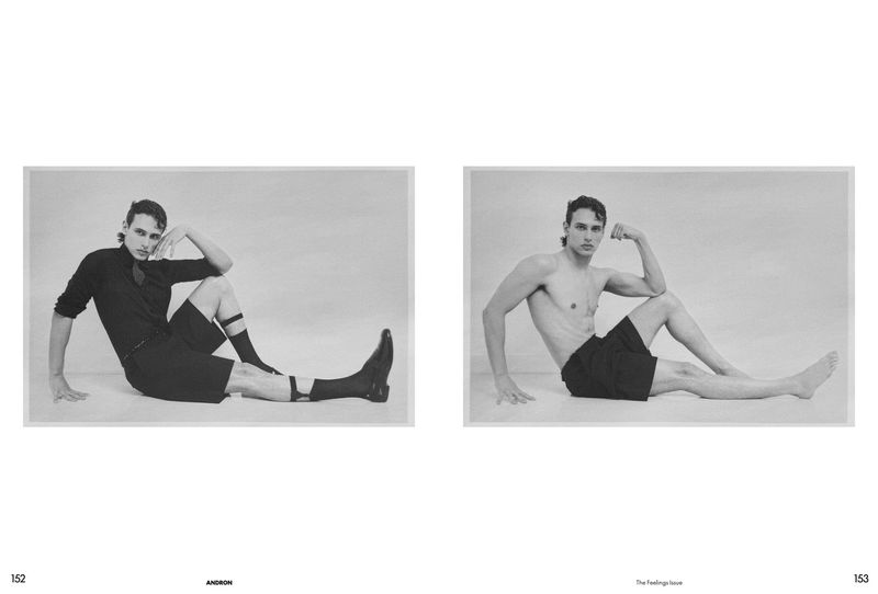 Black and white editorial magazine spread featuring a male model seated in two posed studio shots wearing shorts and dress shirts.
