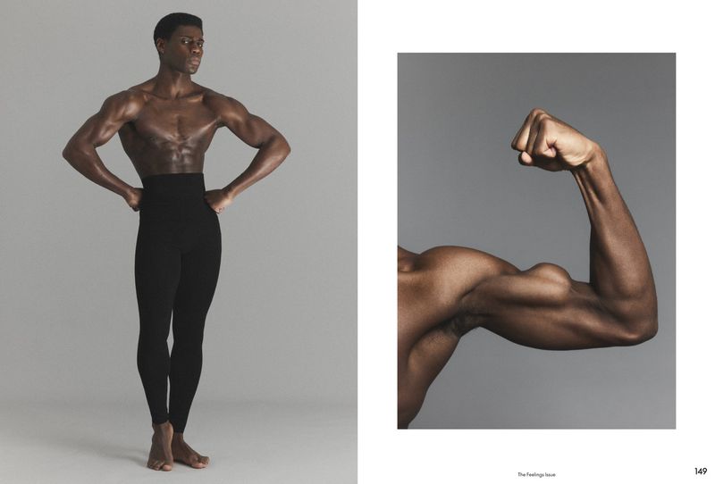 Editorial spread featuring a shirtless Black man in high-waisted black leggings standing beside a close-up of a flexed muscular arm.
