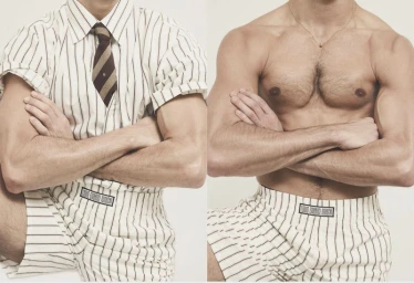 Diptych of a male model with crossed arms wearing pinstriped boxers and shirt with tie on the left and shirtless on the right.