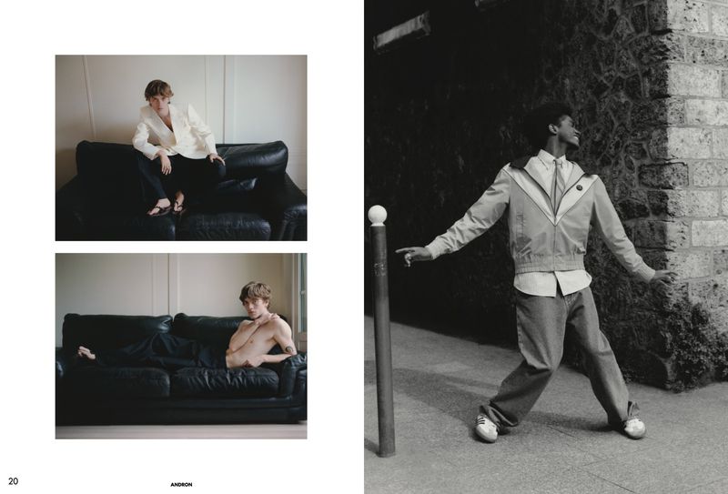 Editorial magazine layout featuring two men: one lounging on a black leather couch and another posing outdoors in a zip-up jacket.