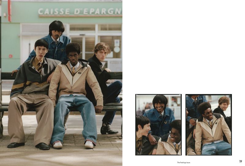 Editorial magazine layout showing four young men in styled casual menswear sitting on an outdoor green bench outside a building.