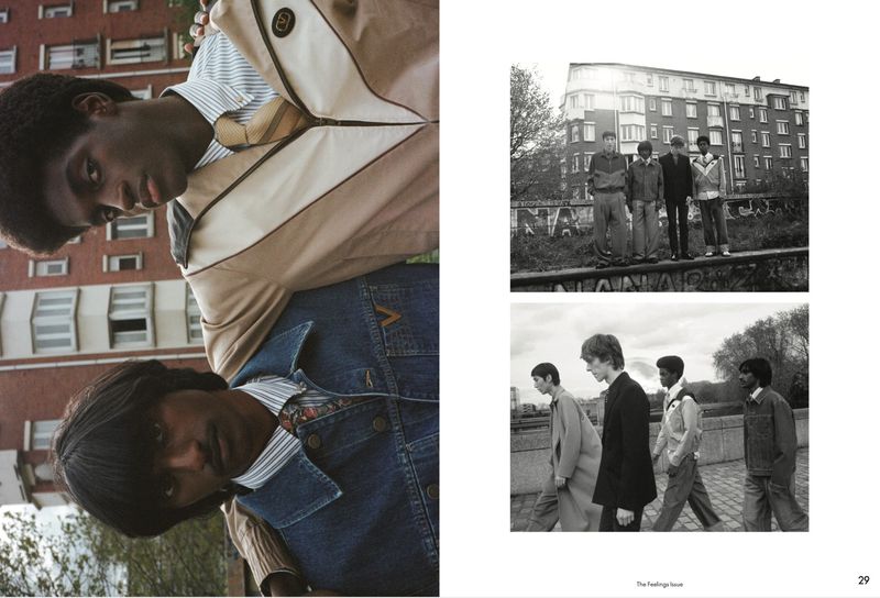 Fashion magazine editorial spread featuring young male models in retro streetwear posing in an urban residential setting.
