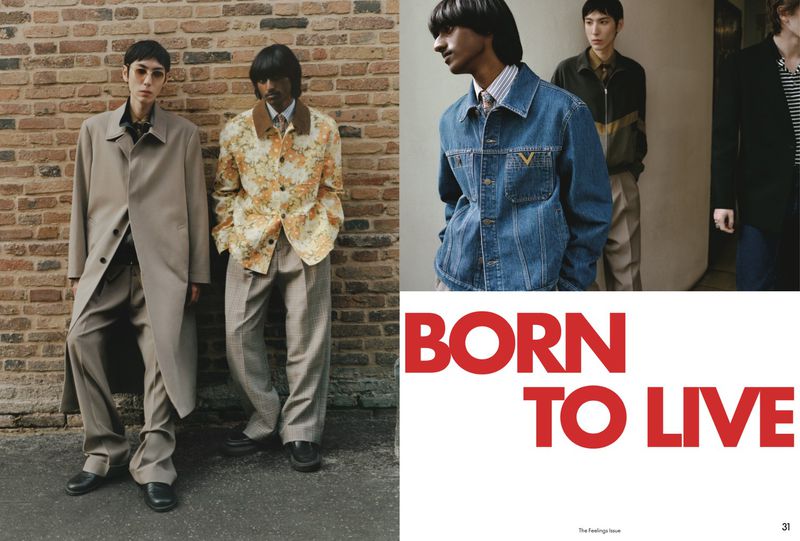 Editorial magazine spread featuring male models in designer outerwear and denim alongside bold red typography reading BORN TO LIVE.
