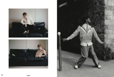Editorial magazine layout featuring two men: one lounging on a black leather couch and another posing outdoors in a zip-up jacket.