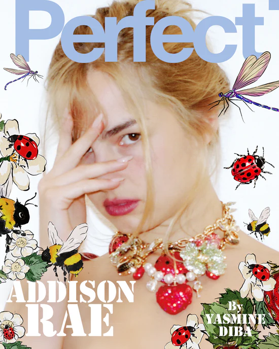 Magazine cover portrait of Addison Rae wearing an ornate charm necklace with illustrated bugs and flowers overlaid on a white background.