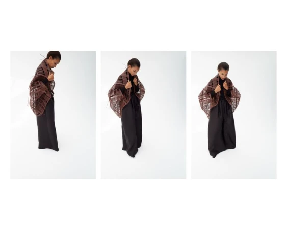 Triptych sequence of a model wearing a brown woven openwork shawl and wide-leg black trousers against a white background.