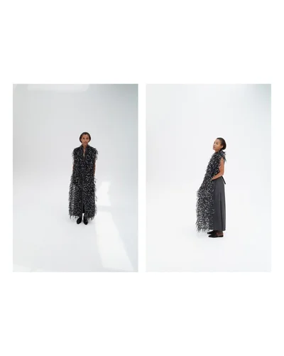Two side-by-side studio portraits of Romae Gordon wearing a textured black fringed vest and grey skirt against a white background.