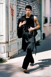 East Asian male model walking down a city sidewalk wearing an all-black sleeveless top, draped skirt trousers, and a leather jacket.