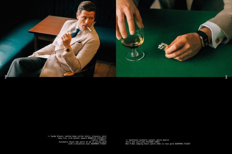 Actor James Norton in a tailored beige blazer smoking alongside a detail shot of hands holding a lighter and drink over a green table.