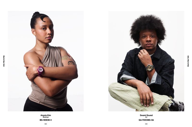 Magazine spread featuring side-by-side studio portraits of Anysia Kim and Swami Sound modeling G-Shock watches against a white backdrop.