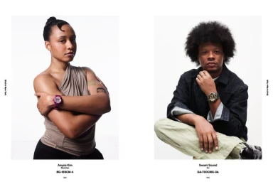 Magazine spread featuring side-by-side studio portraits of Anysia Kim and Swami Sound modeling G-Shock watches against a white backdrop.