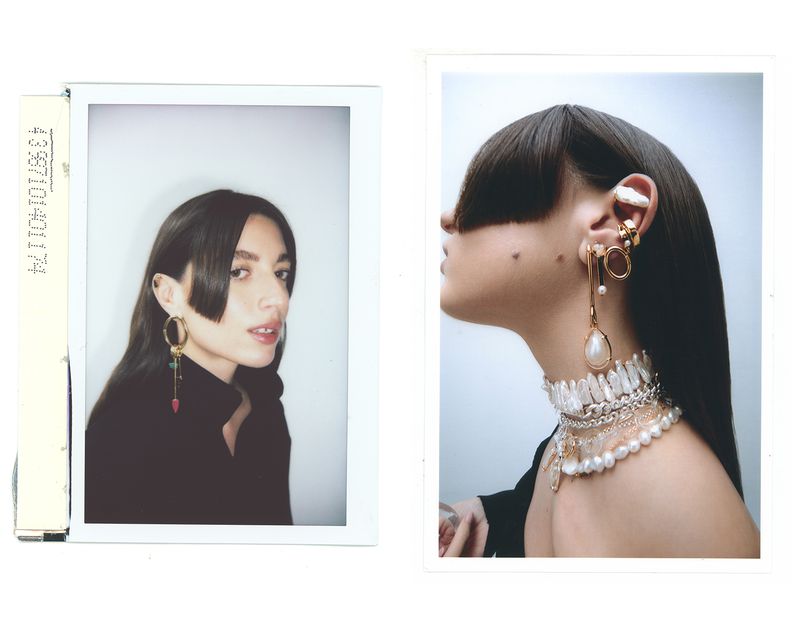 Two polaroid frames showing a woman wearing statement gold earrings and layered pearl necklaces for Tous.