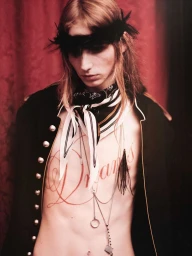 Model with feather headband wearing dark jacket and neck scarf in Ann Demeulemeester SS26 backstage