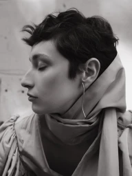 Black and white portrait of a woman with short dark hair in profile wearing draped garments and a long silver earring