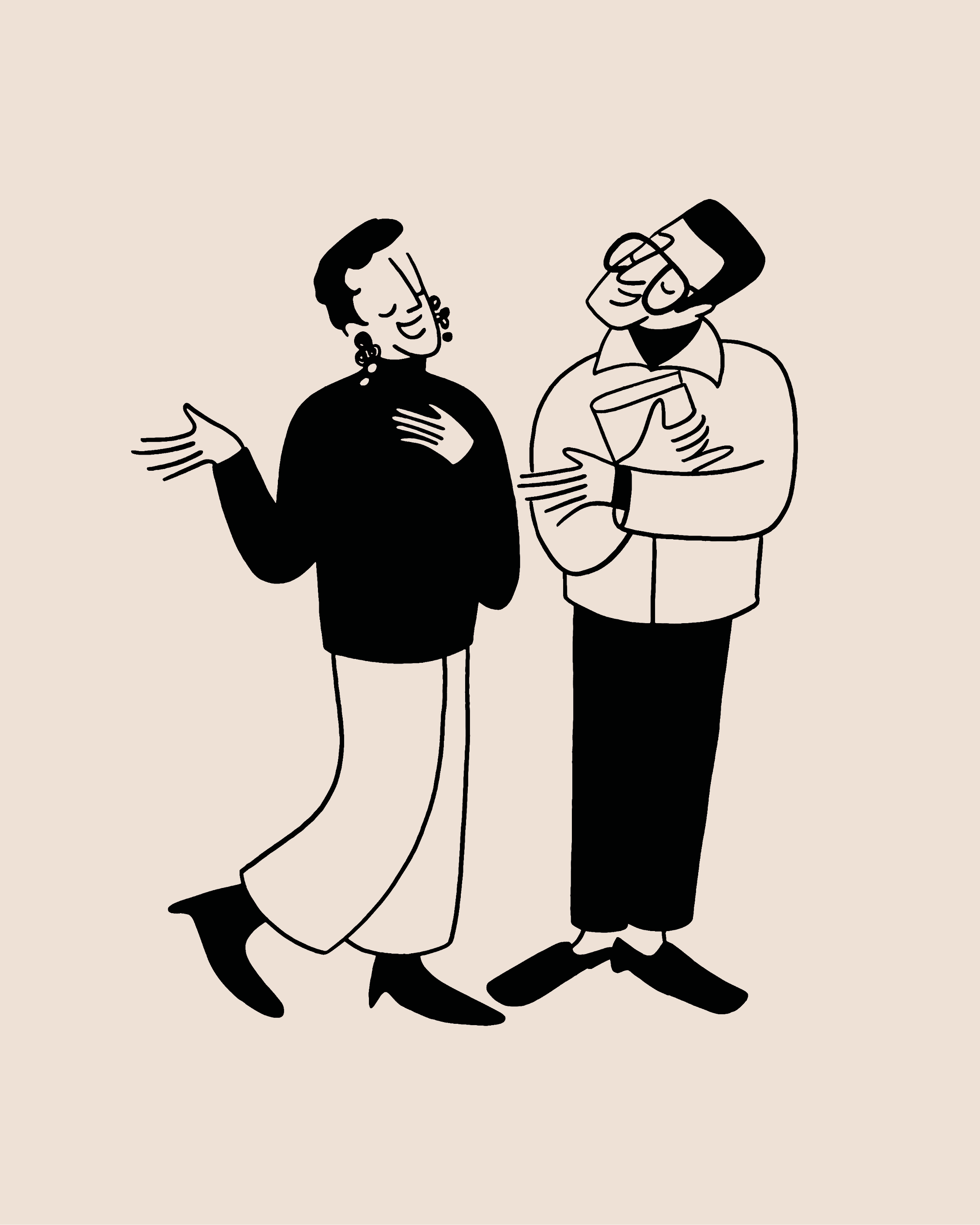 Minimalist line illustration of a woman and a man in glasses conversing against a solid beige background.